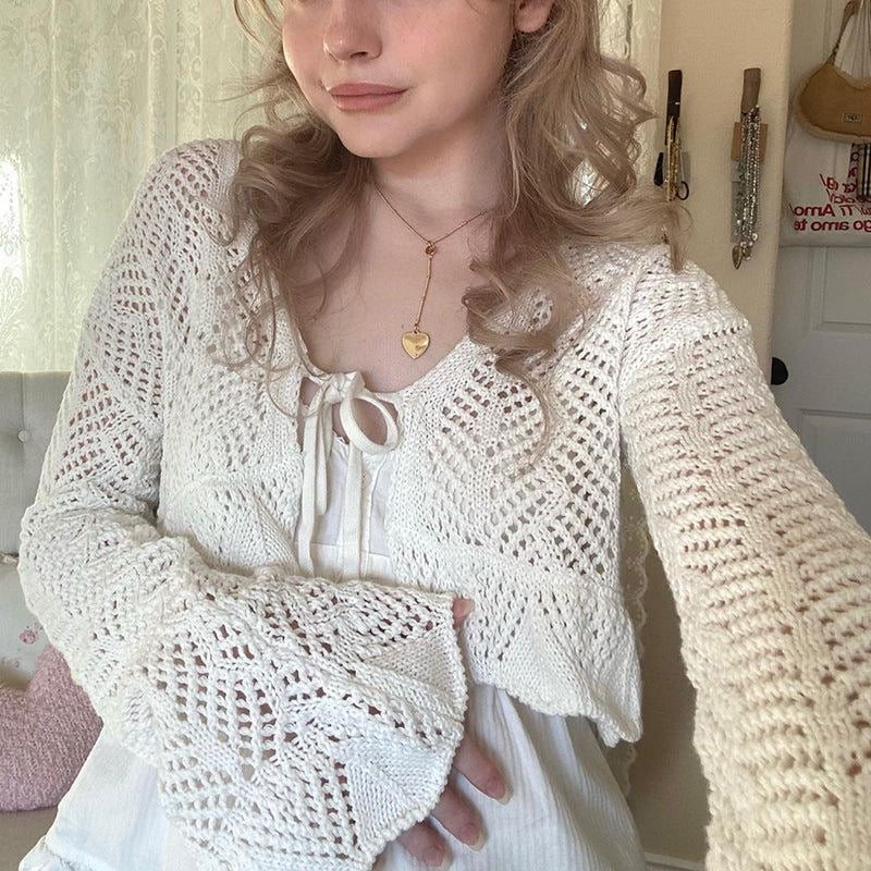 Cropped Tie Front Crochet Hollow Knit Cardigan