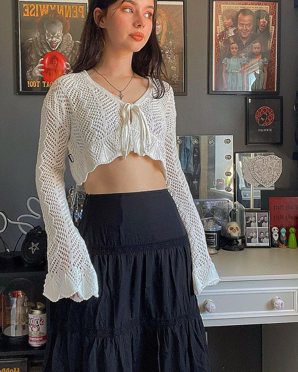 Cropped Tie Front Crochet Hollow Knit Cardigan