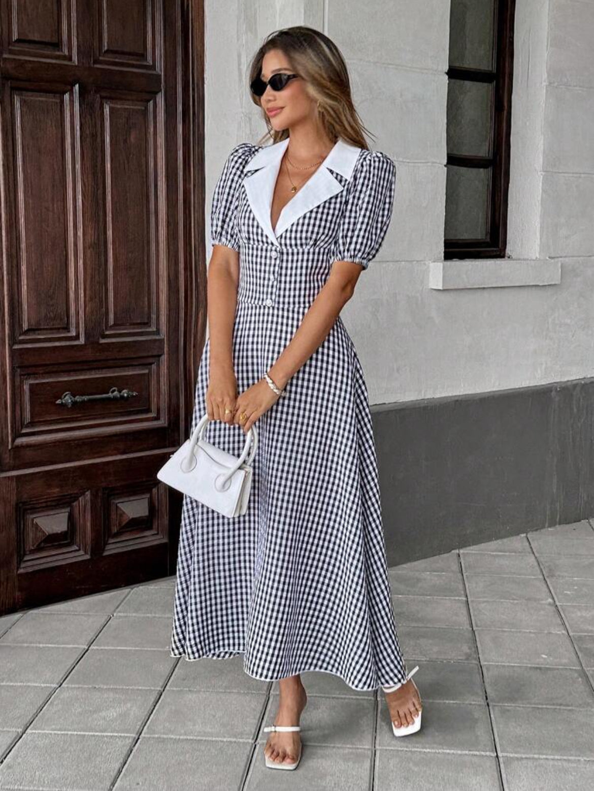 Gingham Puff Collar Dress