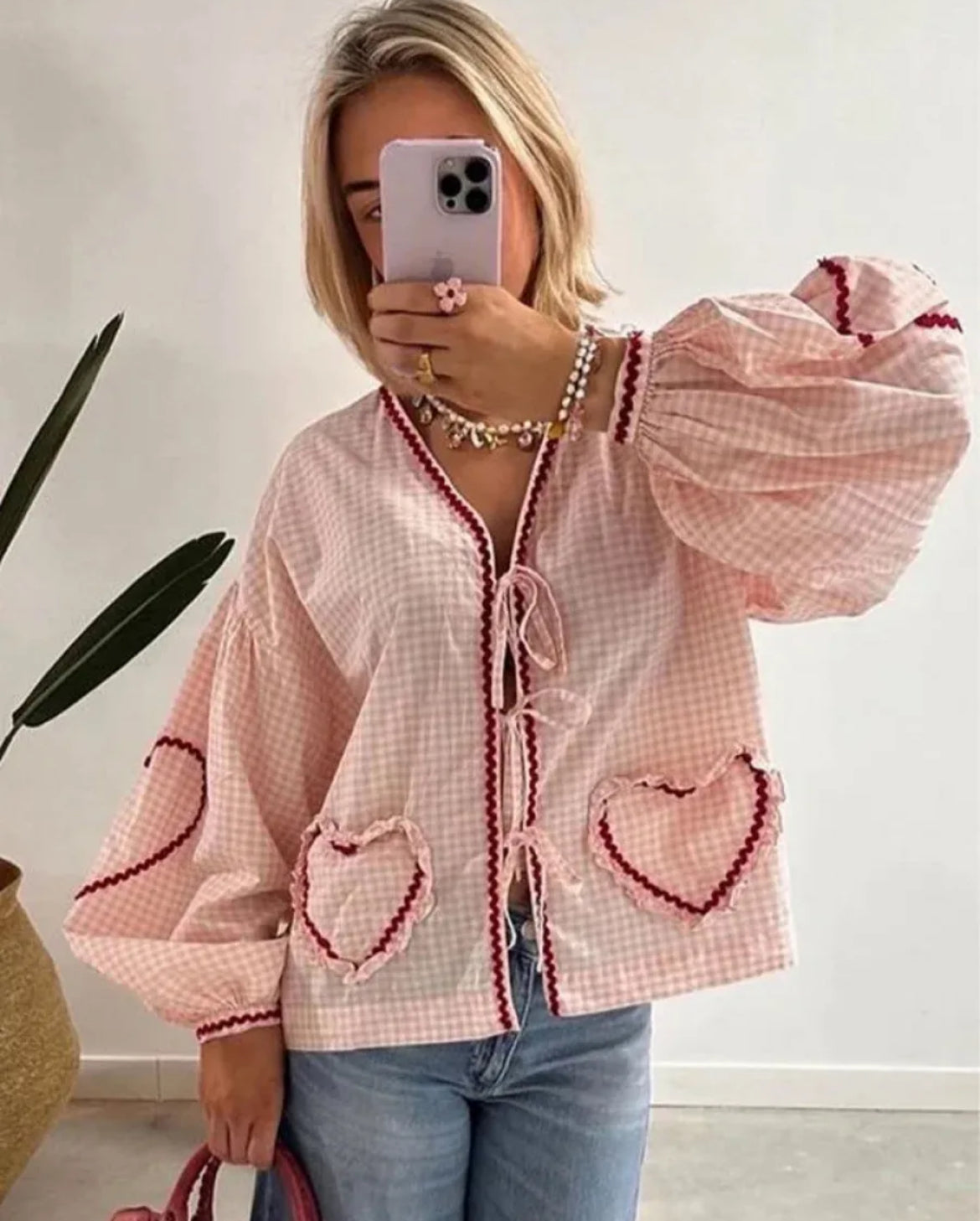 Heart Checkered Cardigan