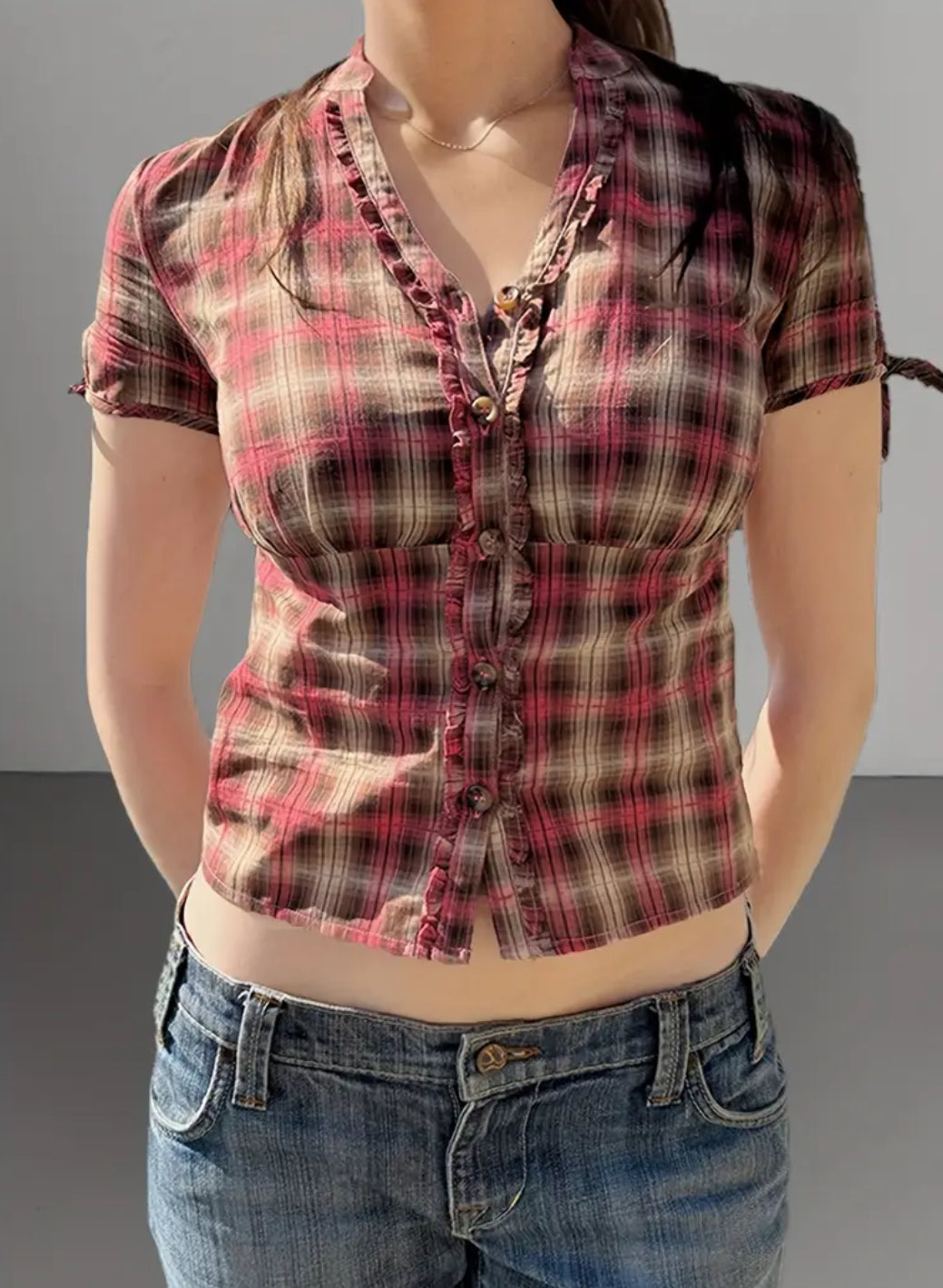 French V neck Button Down
