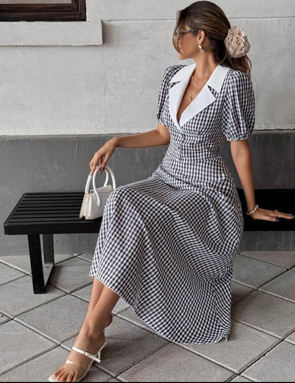Gingham Puff Collar Dress