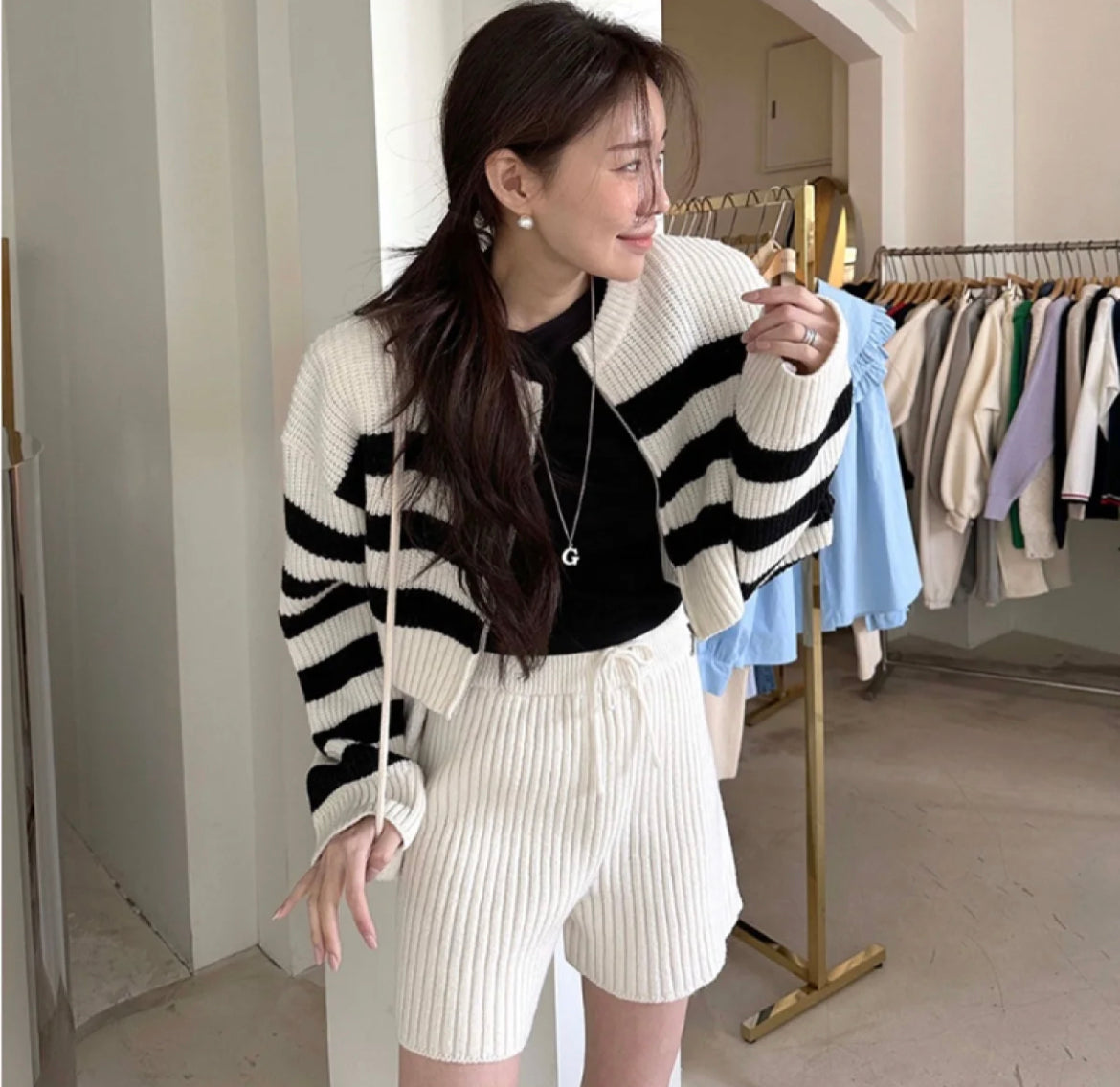 Color Block Zipper Cardigan With Shorts