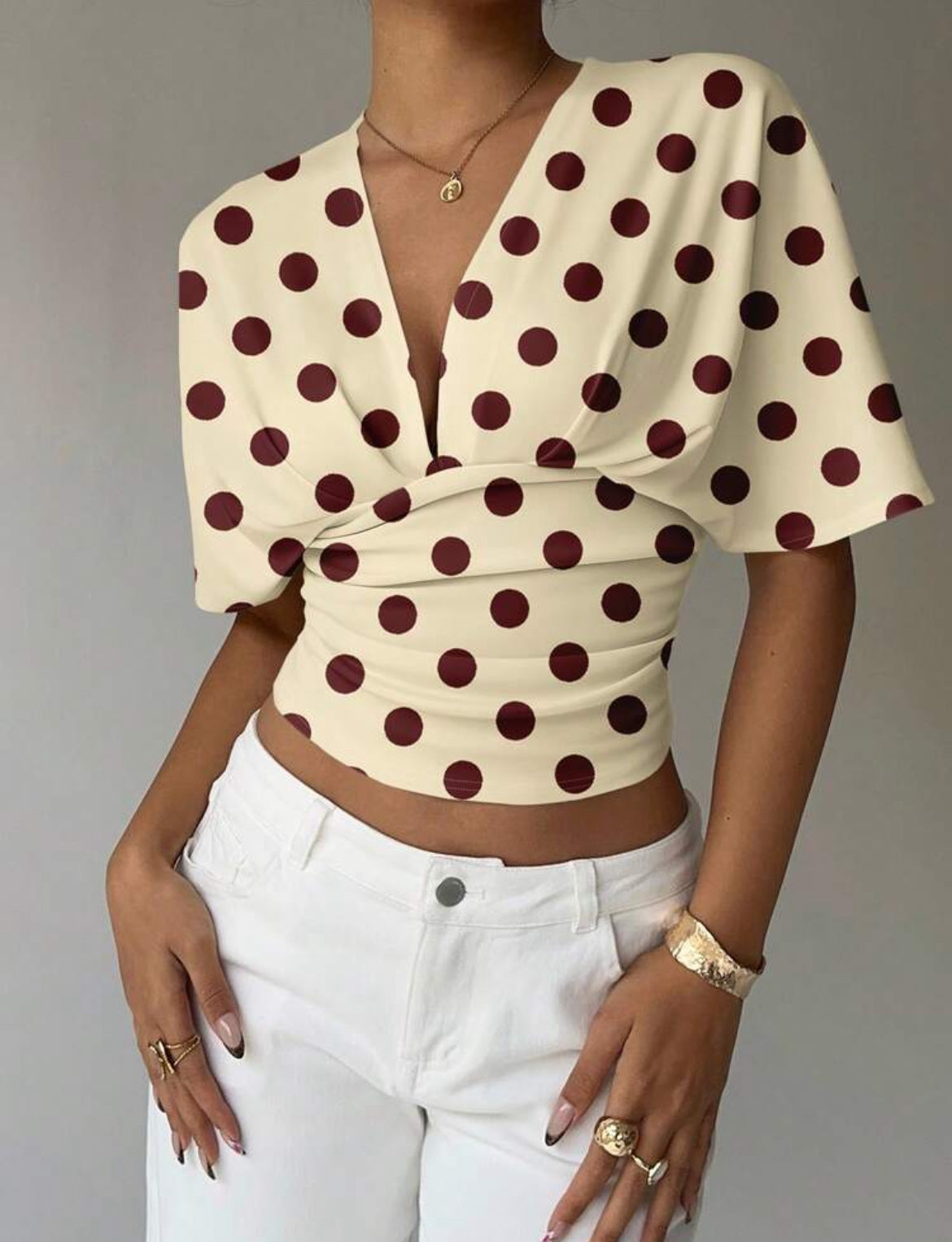 Polka Dot Deep V Neck Top