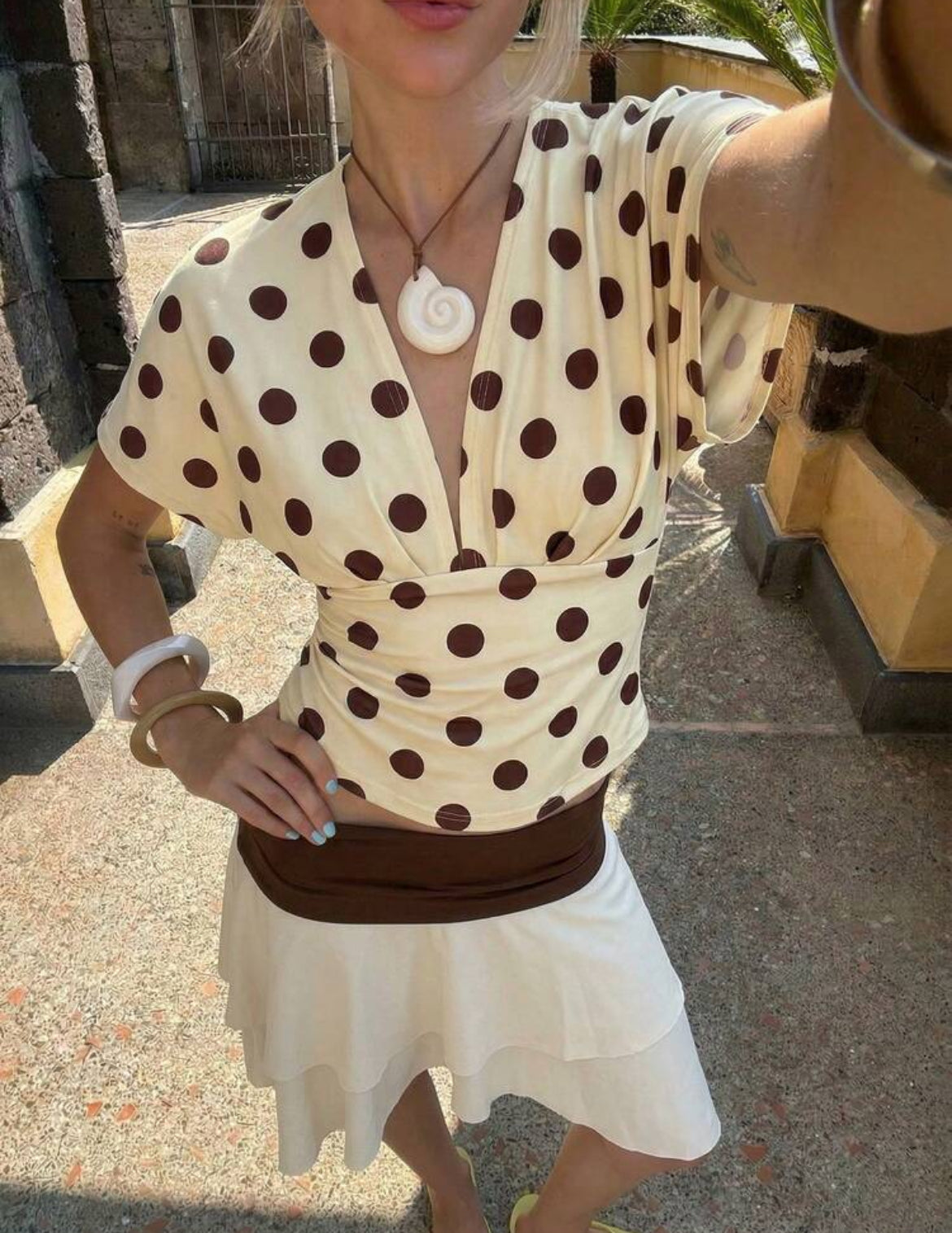 Polka Dot Deep V Neck Top