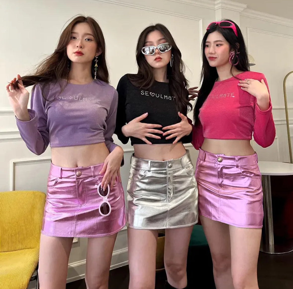 Glittery leather mini skirt