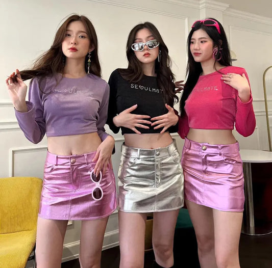 Glittery leather mini skirt