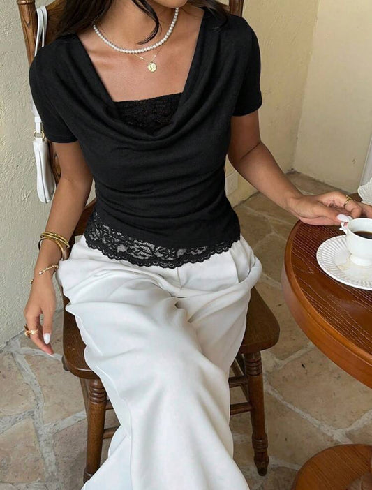 French Style Draped Lace Blouse