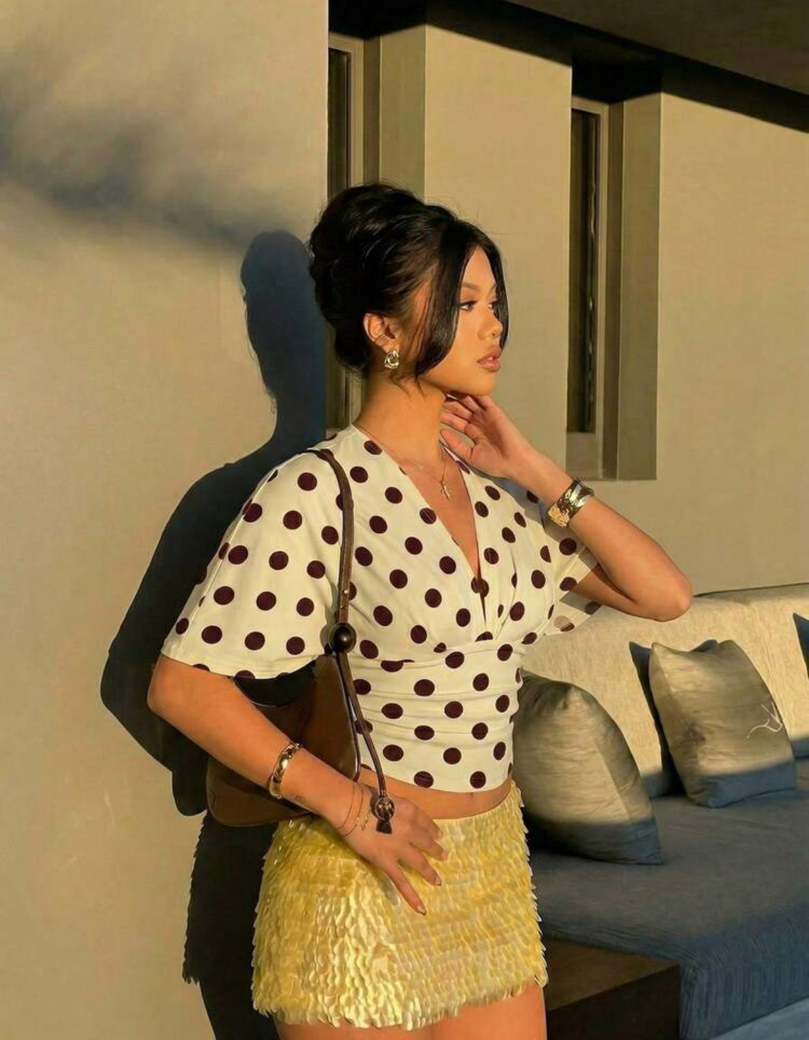 Polka Dot Deep V Neck Top