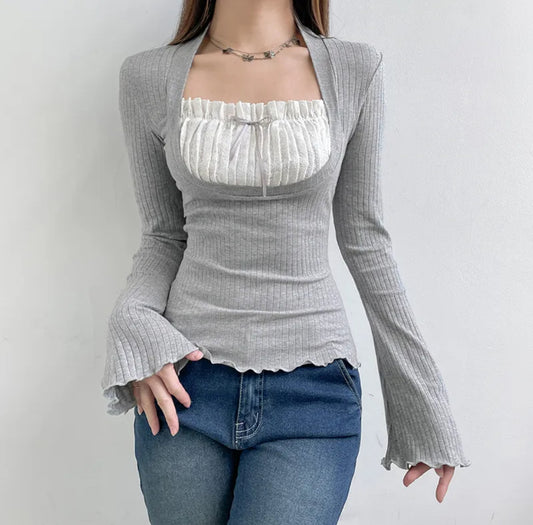 Y2k cute bow stitched Blouse