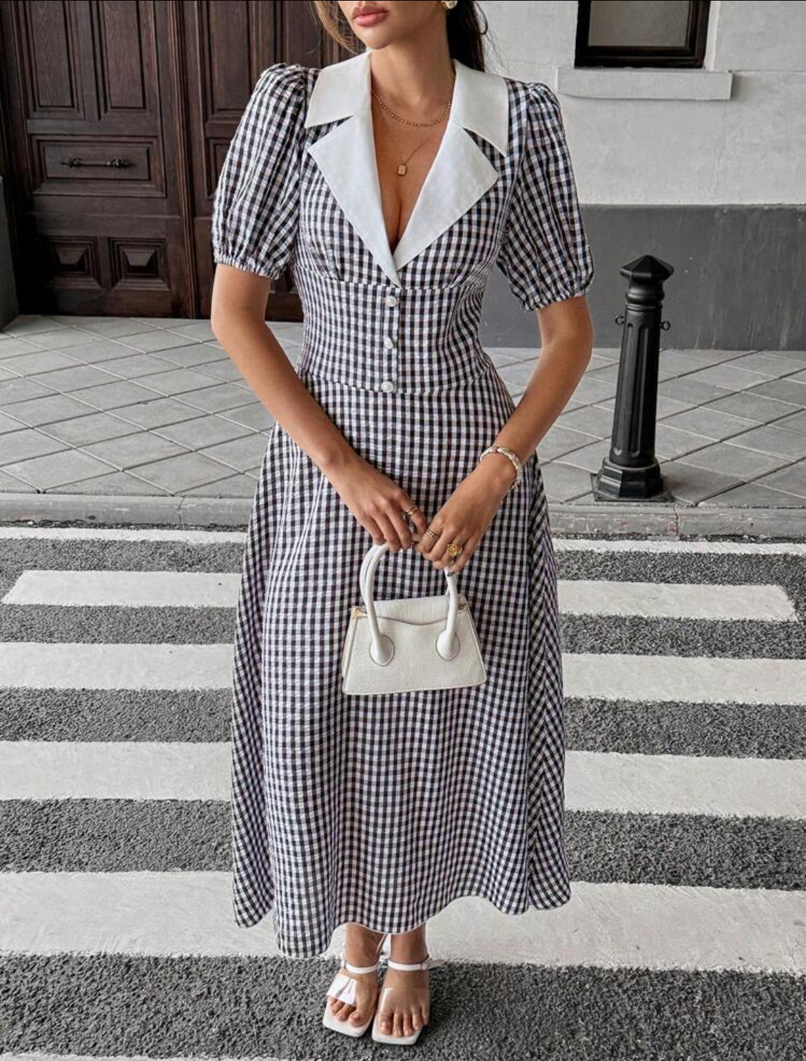 Gingham Puff Collar Dress