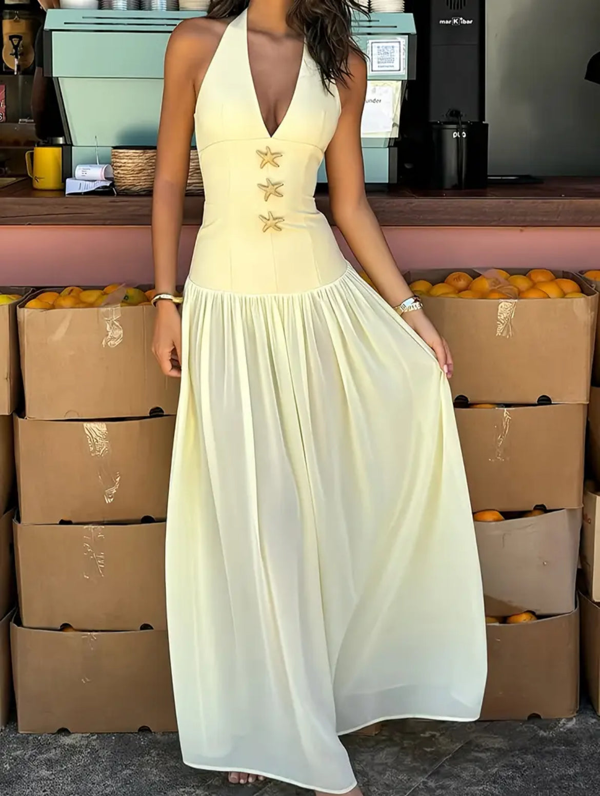 Golden Halter Neck Dress