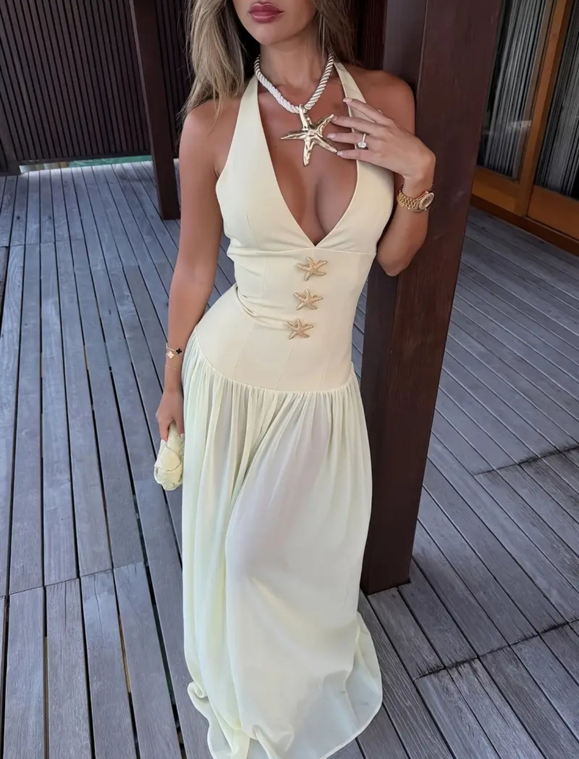 Golden Halter Neck Dress