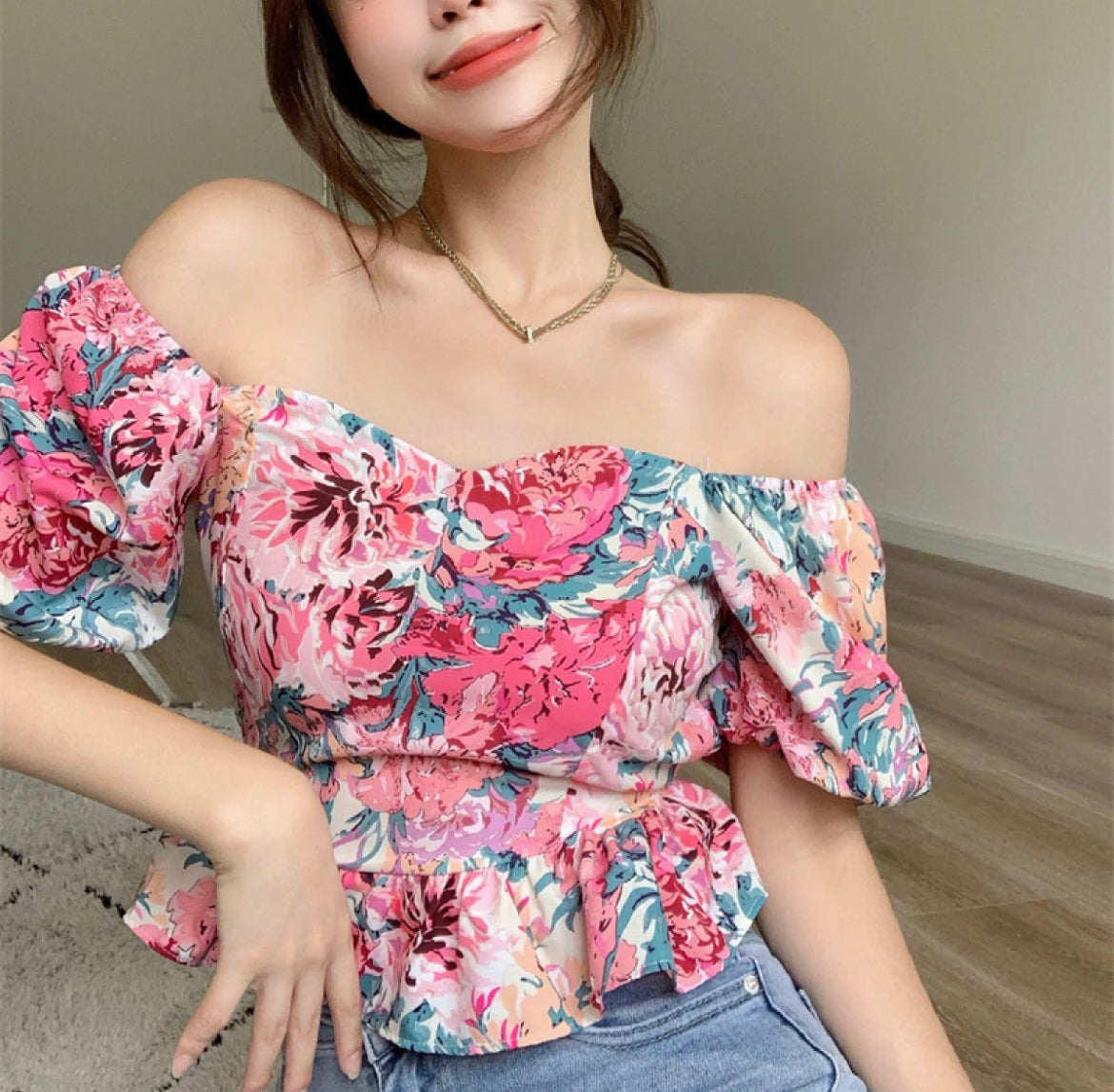 Floral Puff Sleeves Blouse