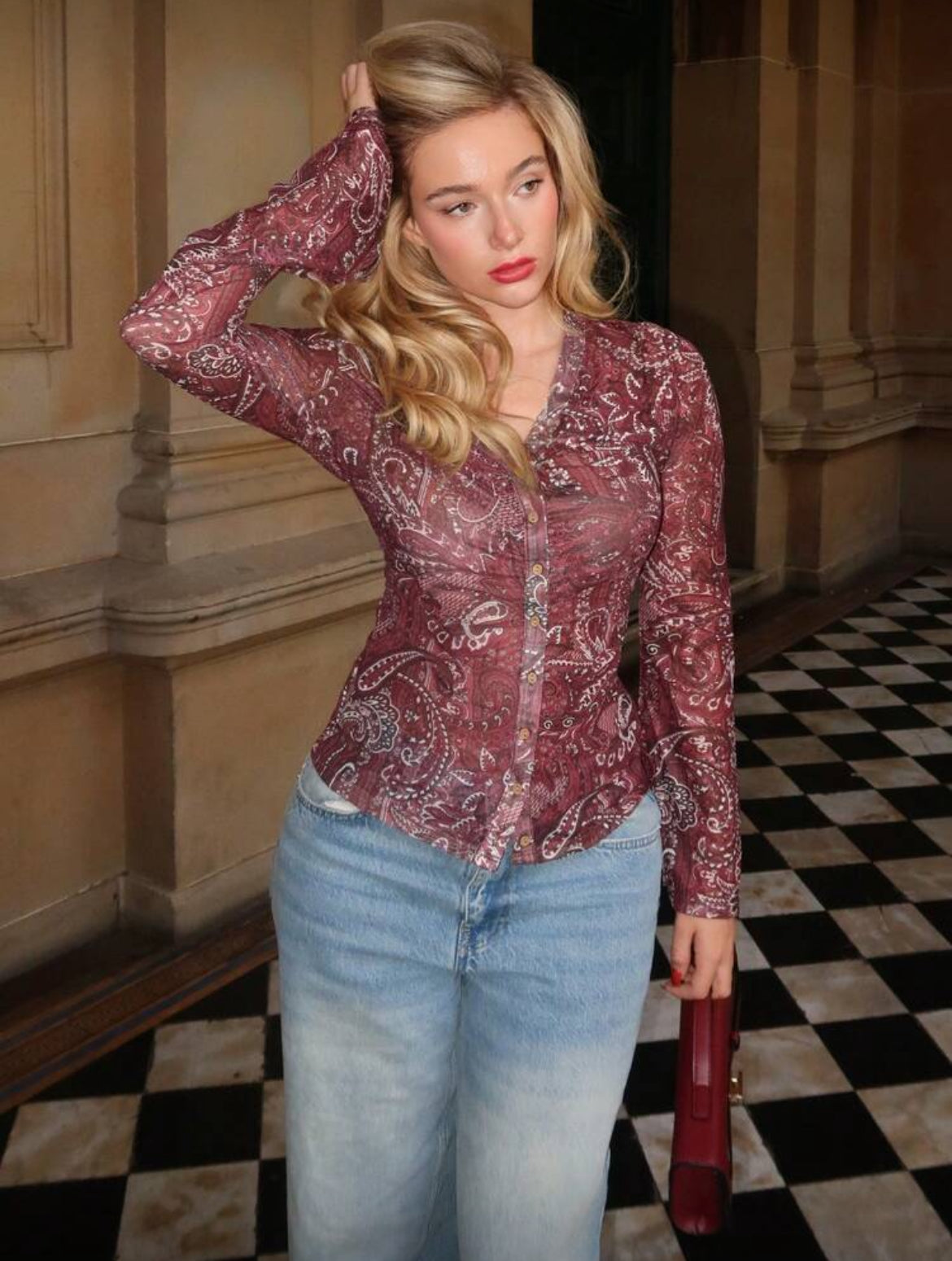 Mesh floral button down