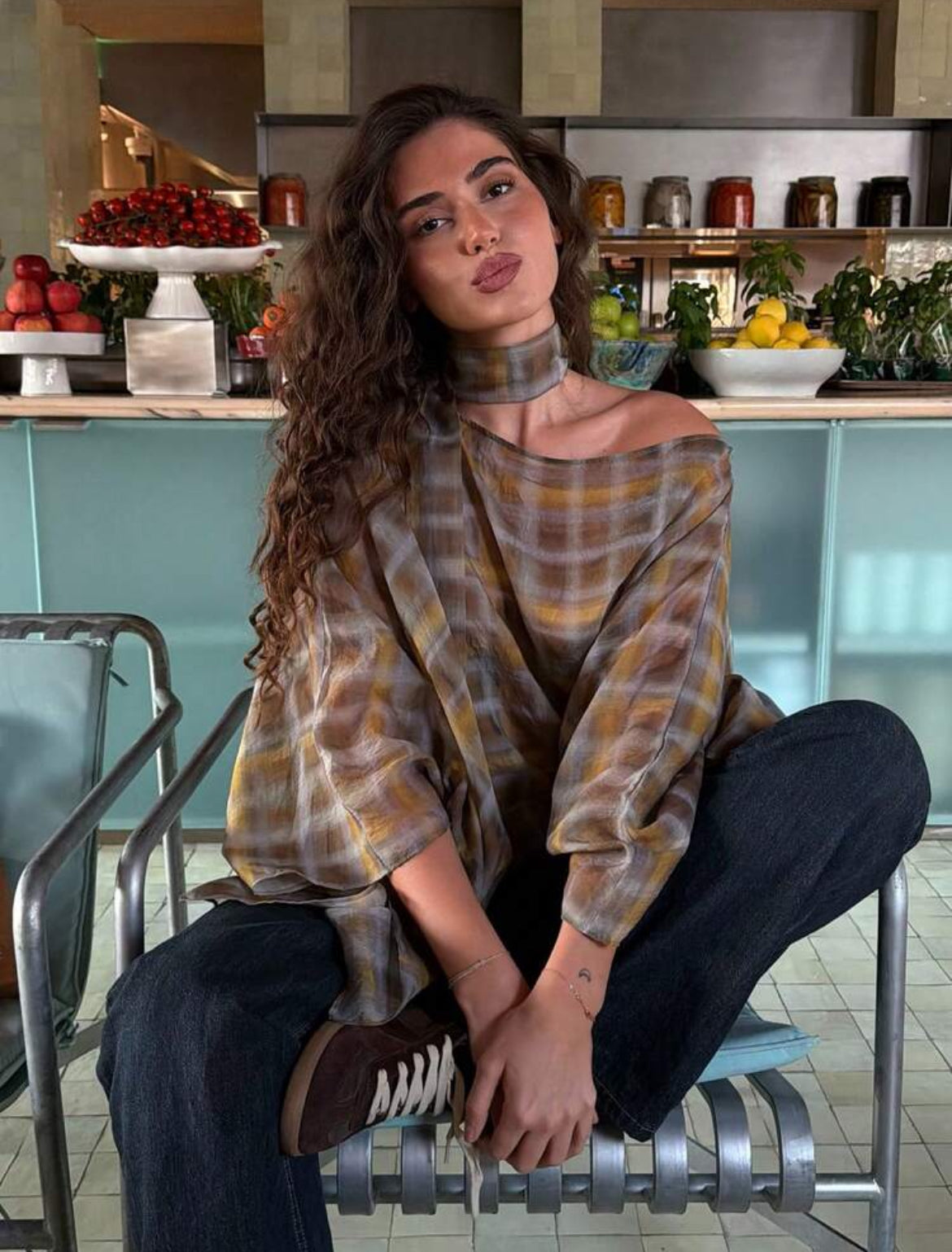 Plaid Off Shoulder Top