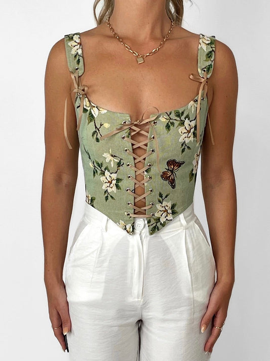 Lace Up Flower Retro Corset