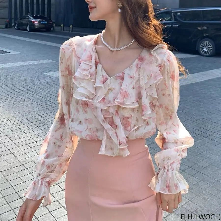 Cute floral chiffon blouse