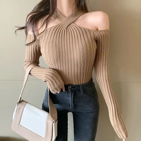 Korean Style Off Shoulder Knitted Sweater