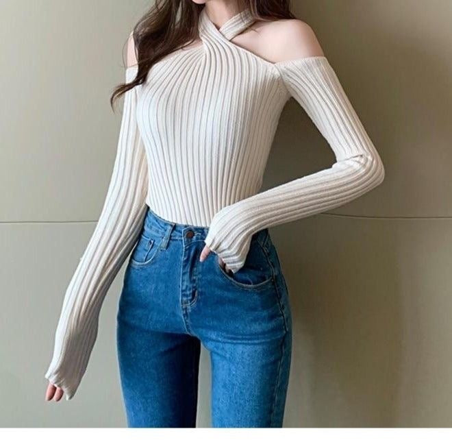 Korean Style Off Shoulder Knitted Sweater