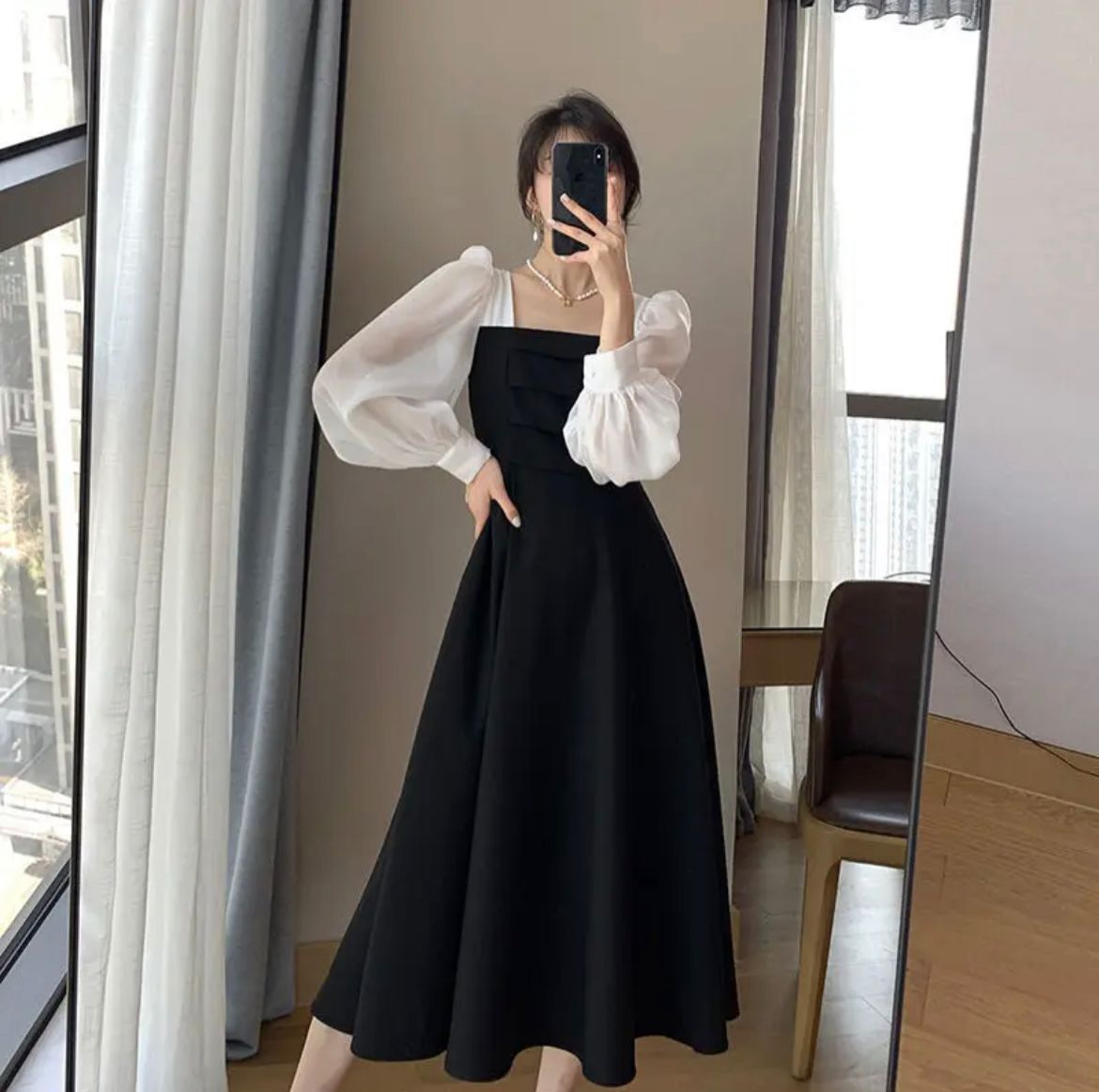 Elegant Puff Sleeves Long Dress