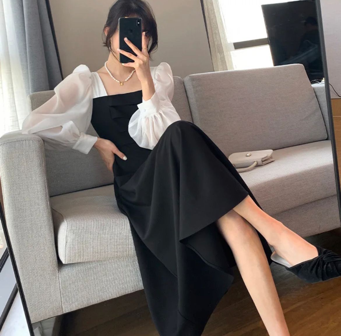 Elegant Puff Sleeves Long Dress